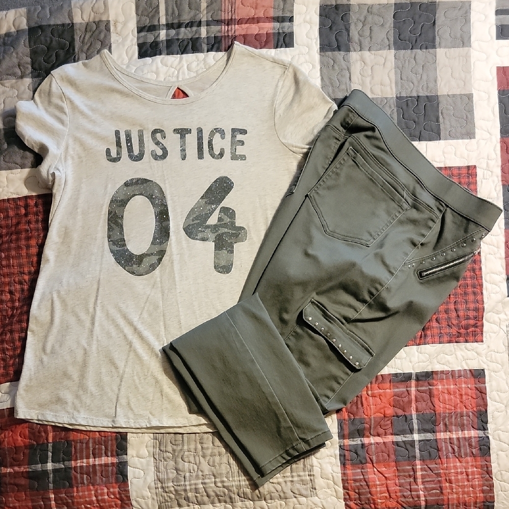 Justice Gray Graphic Tee and Olive Pants Set